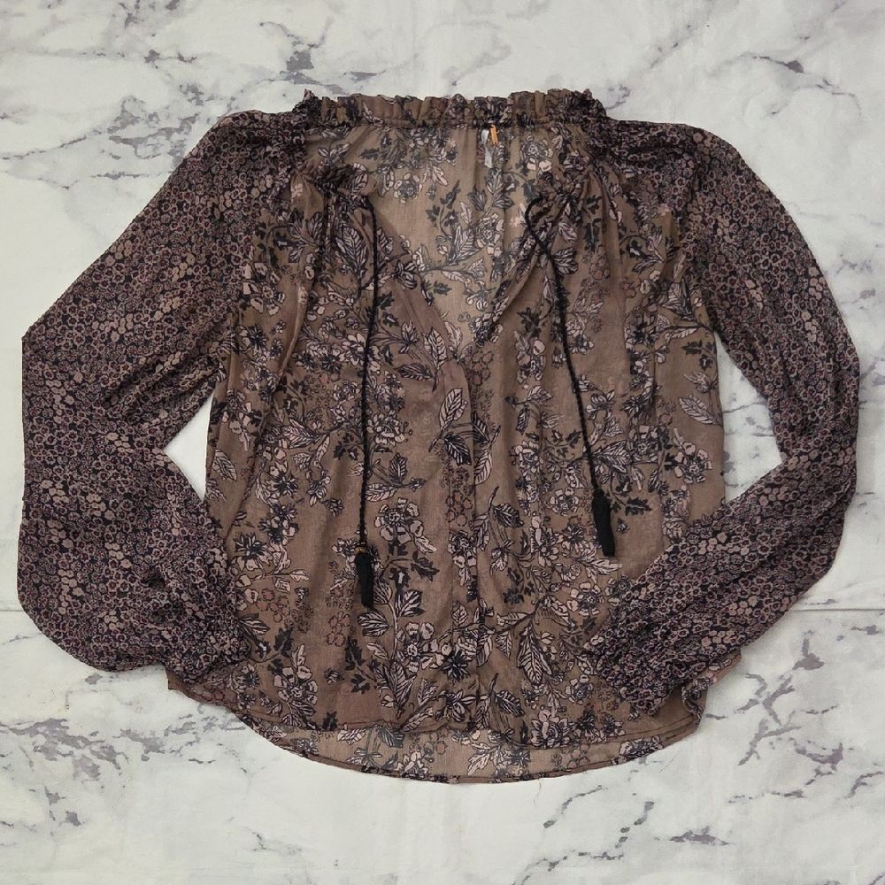 Free People Brown Sheer Floral Blouse